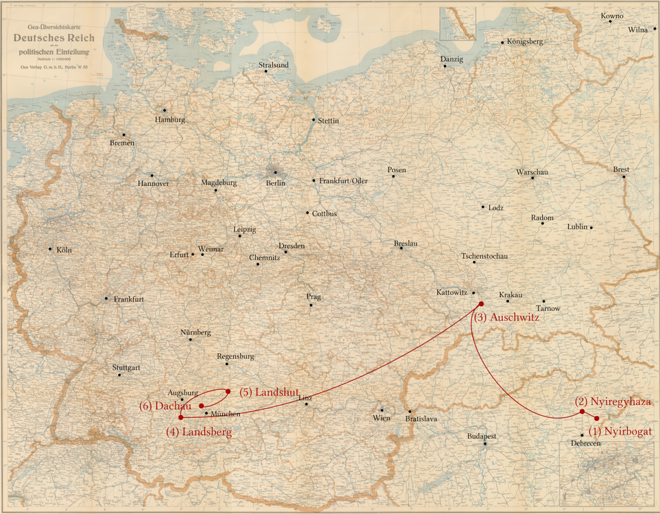 Simon Weisz -  Stationen seiner Verfolgung -  Ghetto Nyiregyhaza,  KZ Auschwitz, KZ Dachau