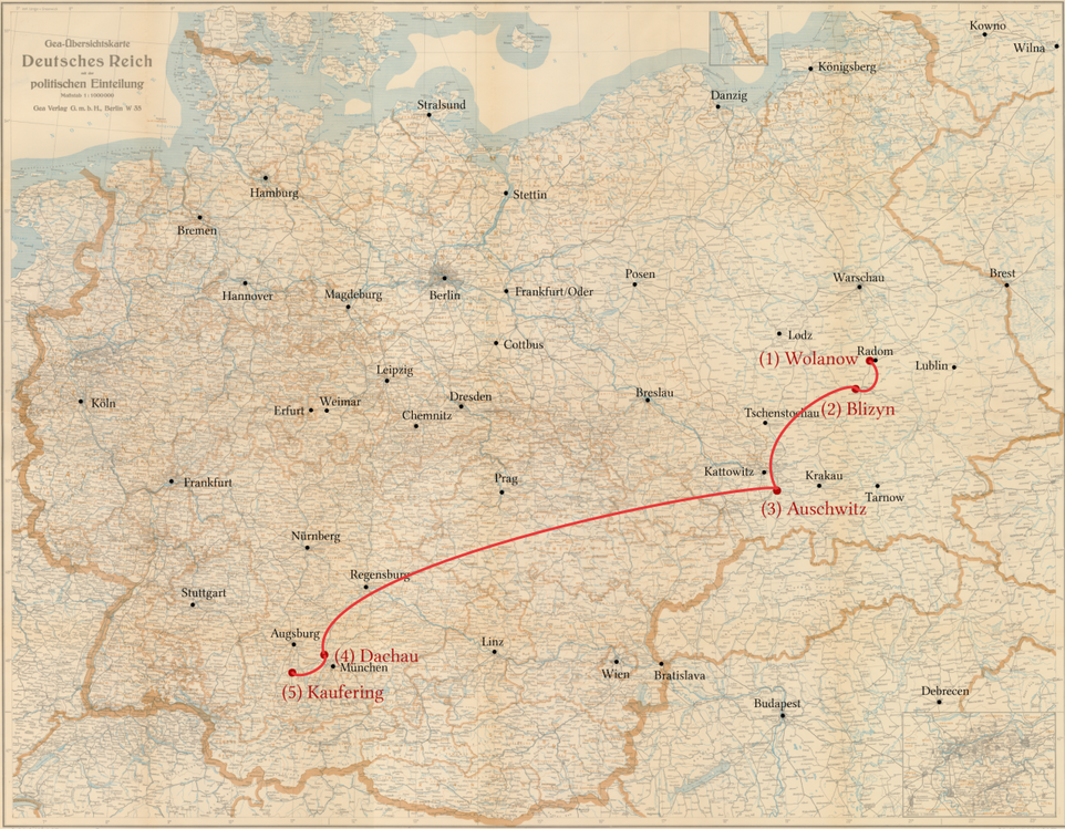 Pinia Berkowicz - Stations of his persecution - Wolanoiw, Blyzin, Auschwitz, Dachau, Kaufering