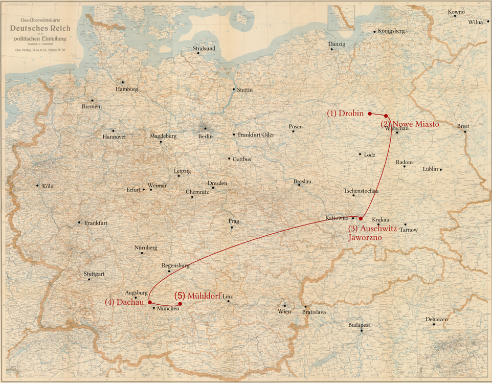 Josef Lask - Stations of his persecution - Drobin, Auschwitz, Dachau, Mühldorf