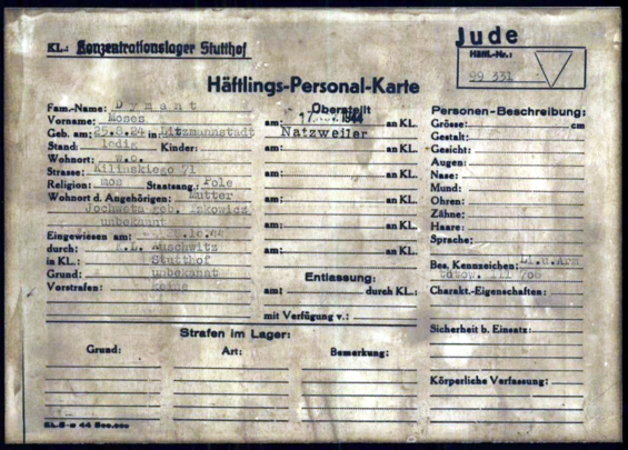 Häftlingspersonalkarte Moniek Dymant; Quelle: Individuelle Häftlings Unterlagen - KL Stutthof 1.41.2/4456026/ITS Digital Archives, Arolsen Archives