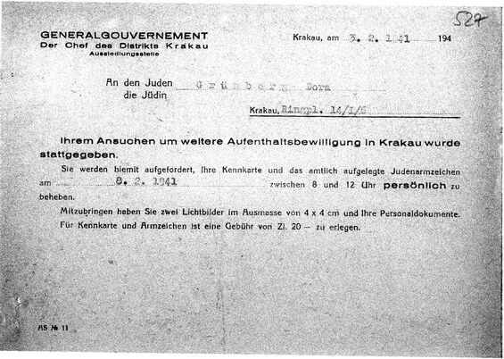 Aufenthaltsgenehmigung für das Ghetto Krakau (=keine Deportation); Quelle: US Holocaust Memorial Museum
