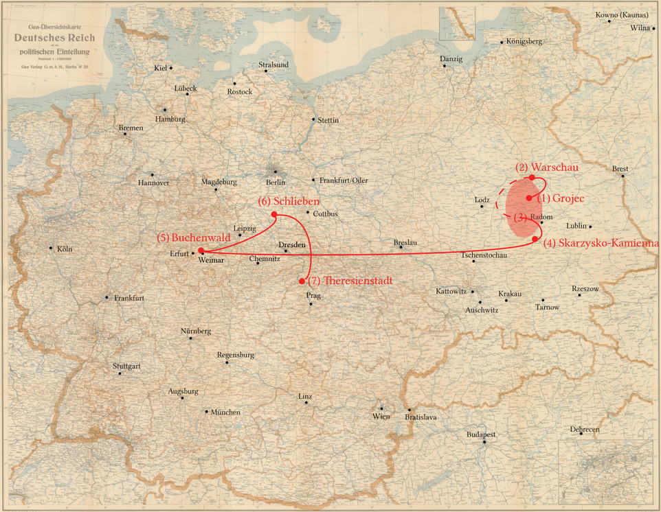Berek Blatt - Stations of his persecution: Ghetto Grojec, Ghetto Warschau, KZ Skarzysko-Kamienna, KZ Buchernwald/Schleben