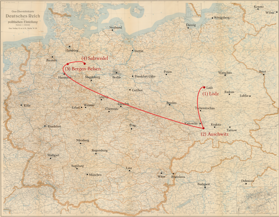 Elka kolski - Stationen ihrer Verfolgung - KZ Lodz, KZ Auschwitz, KZ Bergen Belsen, KZ Salzwedel