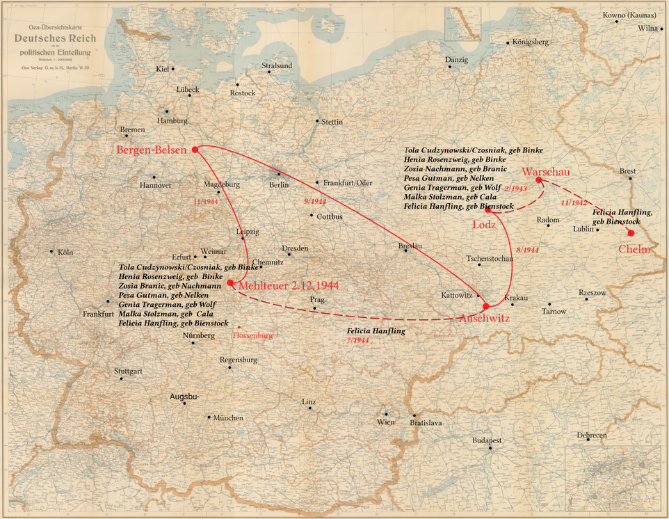 Tola Cudzynowski - satations of her persecution - Lodz, Auschwitz, Bergen Belsen,   Flossenbürg/Mehltheuer