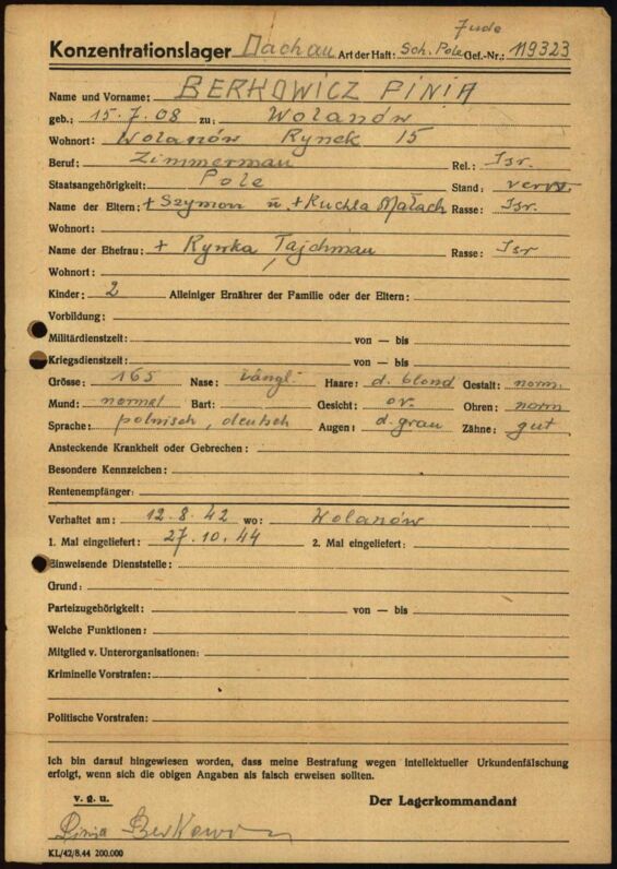 Häftlingspersonalbogen KZ Dachau; Quelle: Individuelle Häftlingsunterlagen KZ Dachau,1.1.6.2/9979538/ITS Digital Archive, Arolsen Archives