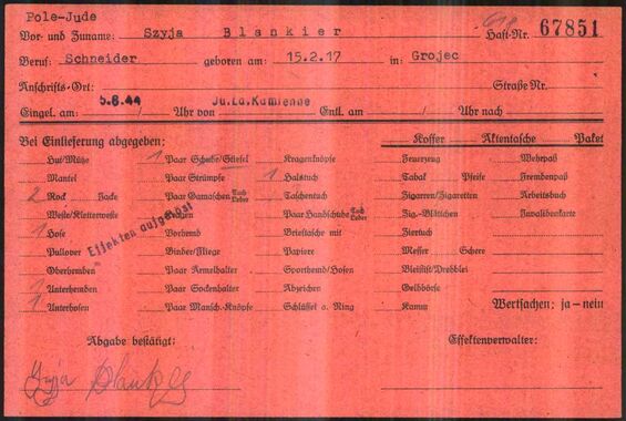 Belongings card of Szyja Blankier, Buchenwald concentration camp, source: Arolsen Archives, Doc-Id: 5551570
