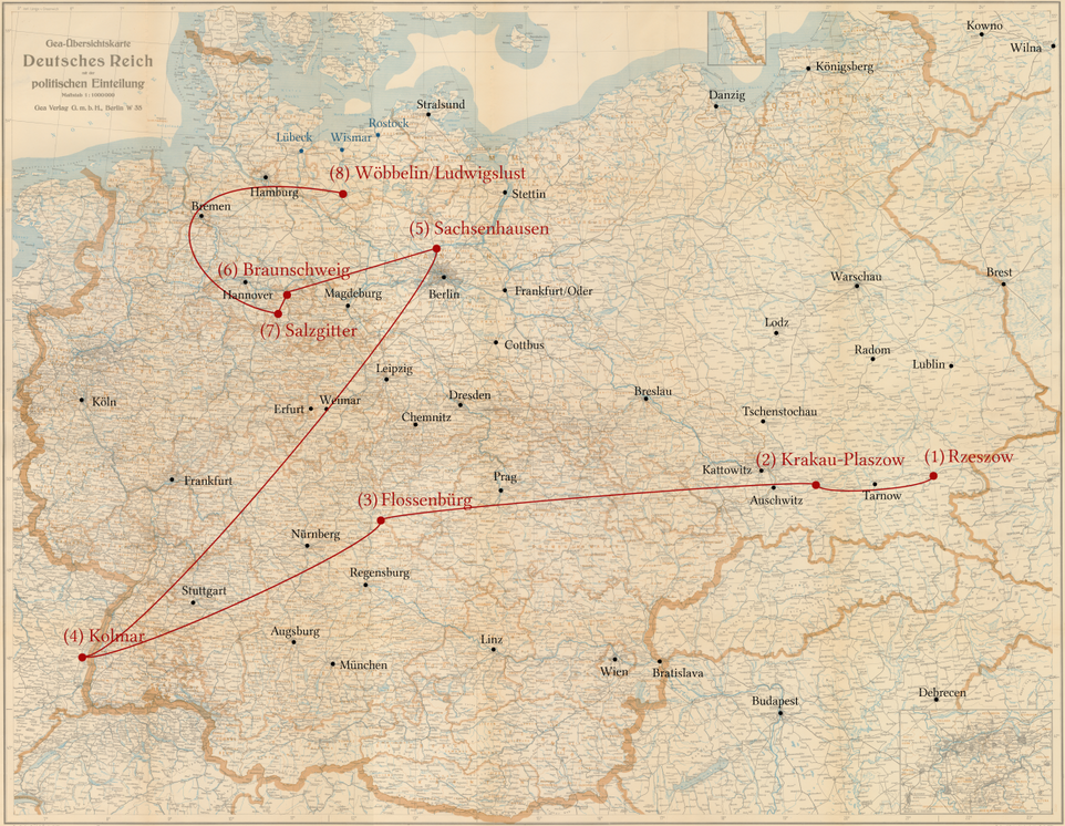 Abraham Schneps: Stations of his persecution - Rezszow, Plaszow, Flossenbürg, Kolmar, Sachsenhausen, Braunschweig, Ludwigslust