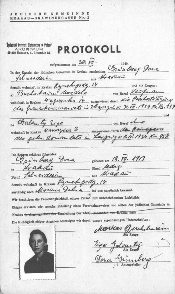 Identifizierung der Dora Grünberg zur Ausstellung einer Kennkarte; Quelle: US Holocaust Memorial Museum