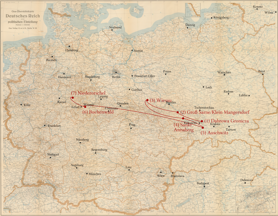 Berek Blatt - Stationen seiner Verfolgung - Dabrowa, Groß Sarne, Wiesau, Auschwitz, Buchenwald, Niederorschel