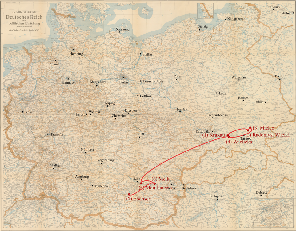 Max Czuper -  Stationen seiner Verfolgung - Krakjau ghetto, Ragomysl, Mielec, Wielicka, Mauthausen, Melk, Ebensee