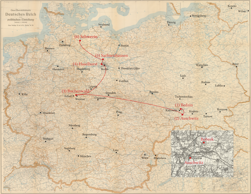 Boris Piekny -  Stationen seiner Verfolgung -  Ghetto Bedzin, KZ Auschwitz, KZ Auschitz/Bobrek, KZ Buchenwald, KZ Sachsenhausen