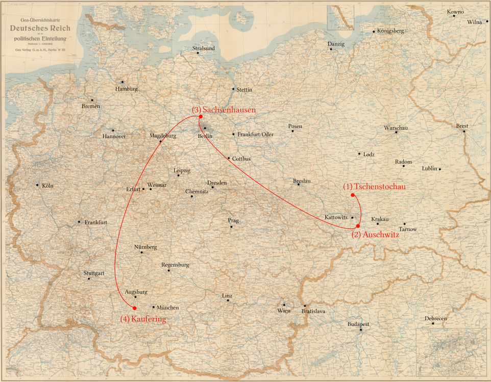 Max Kleinmann -  Stationen seiner Verfolgung -  Ghetto Tschenstochau, KZ Auschwitz, KZ Sachsenhausen. KZ Kaufering