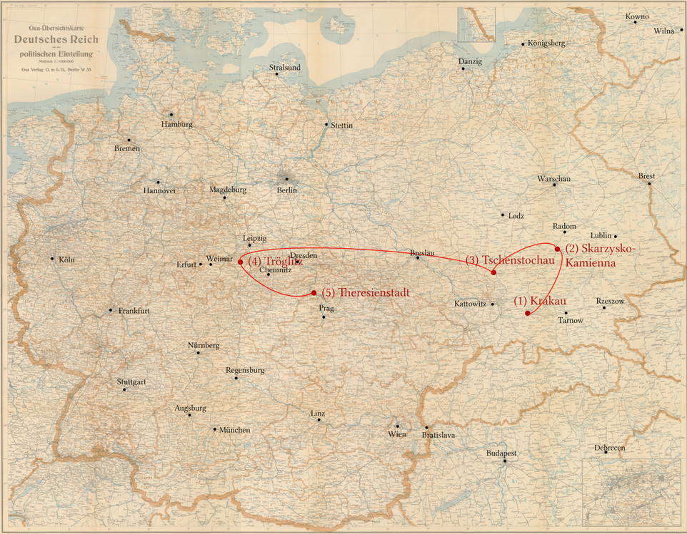 Abraham Rimler - Stationen seiner Verfolgung - Ghetto Krakau, KZ Skarzysko, KZ Tschenstochau, KZ Töglitz, KZ Theresienstadt
