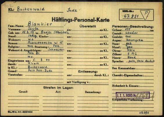 Häftlingspersonalkarte von Szyja Blankier, KZ Buchenwald, Quelle: Arolsen Archives, Doc-Id: 5551569