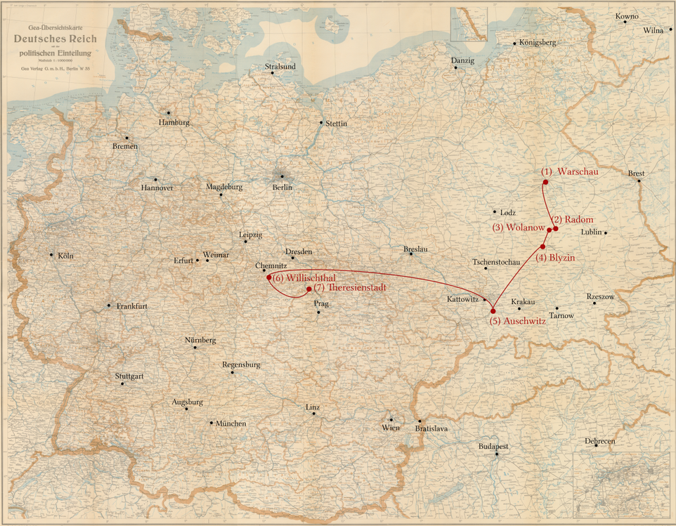 Anna Berkovicz - Stationen ihrer Verfolgung Warschau, Radom, Wolanow, Blyzin, Auschwitz, Willischthal, Theresienstadt