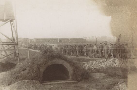 A column of prisoners walks from the Buna camp (Auschwitz III - Monowitz) towards the I.G. Farben works. Quelle: USHMM 57718