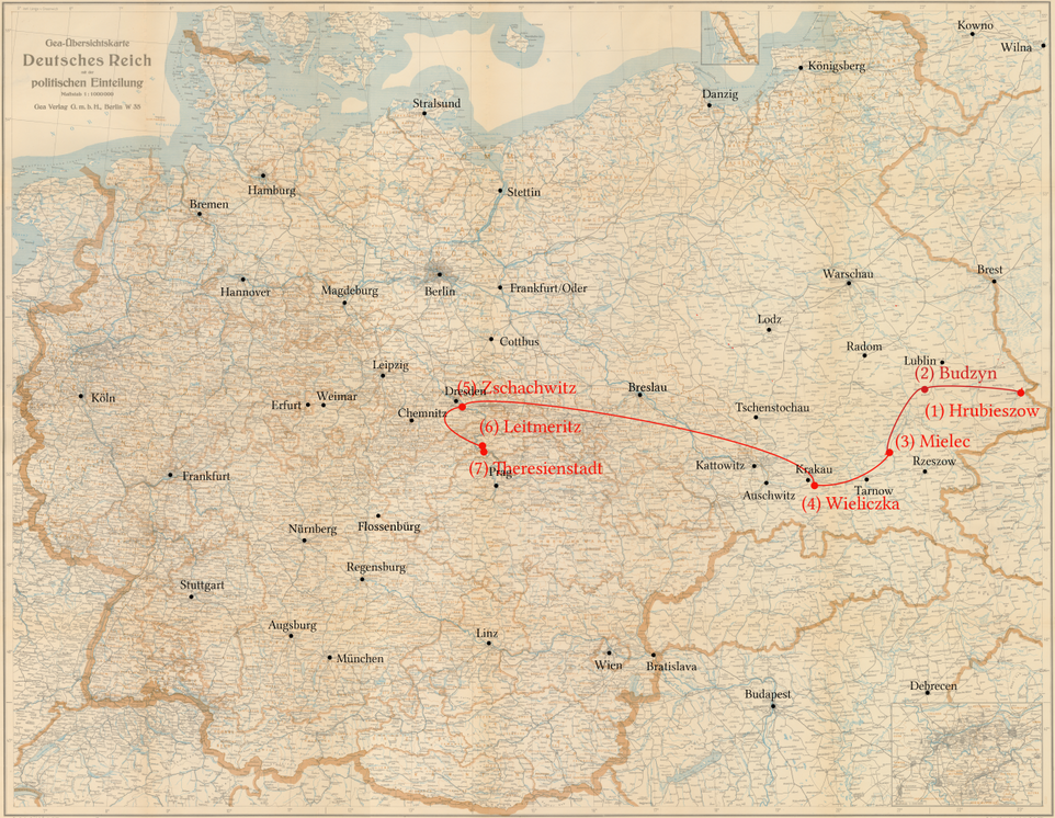 Natan Gewürz - Stationen seiner Verfolgung - Ghetto Hrubieszow, Budzyn, KZ   Mielec, KZ Wieliczka, KZ Flossenbürg/Zschachwitz, KZ Flossenbürg/Leitmeritz, KZ Theresienstadt